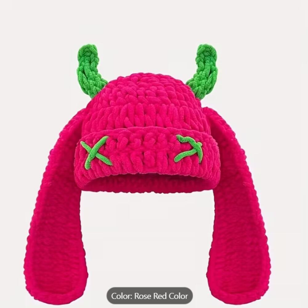 Rose Red Devil Horn Beanie Hat – Plush Winter Cap with Green Horns & X Eyes